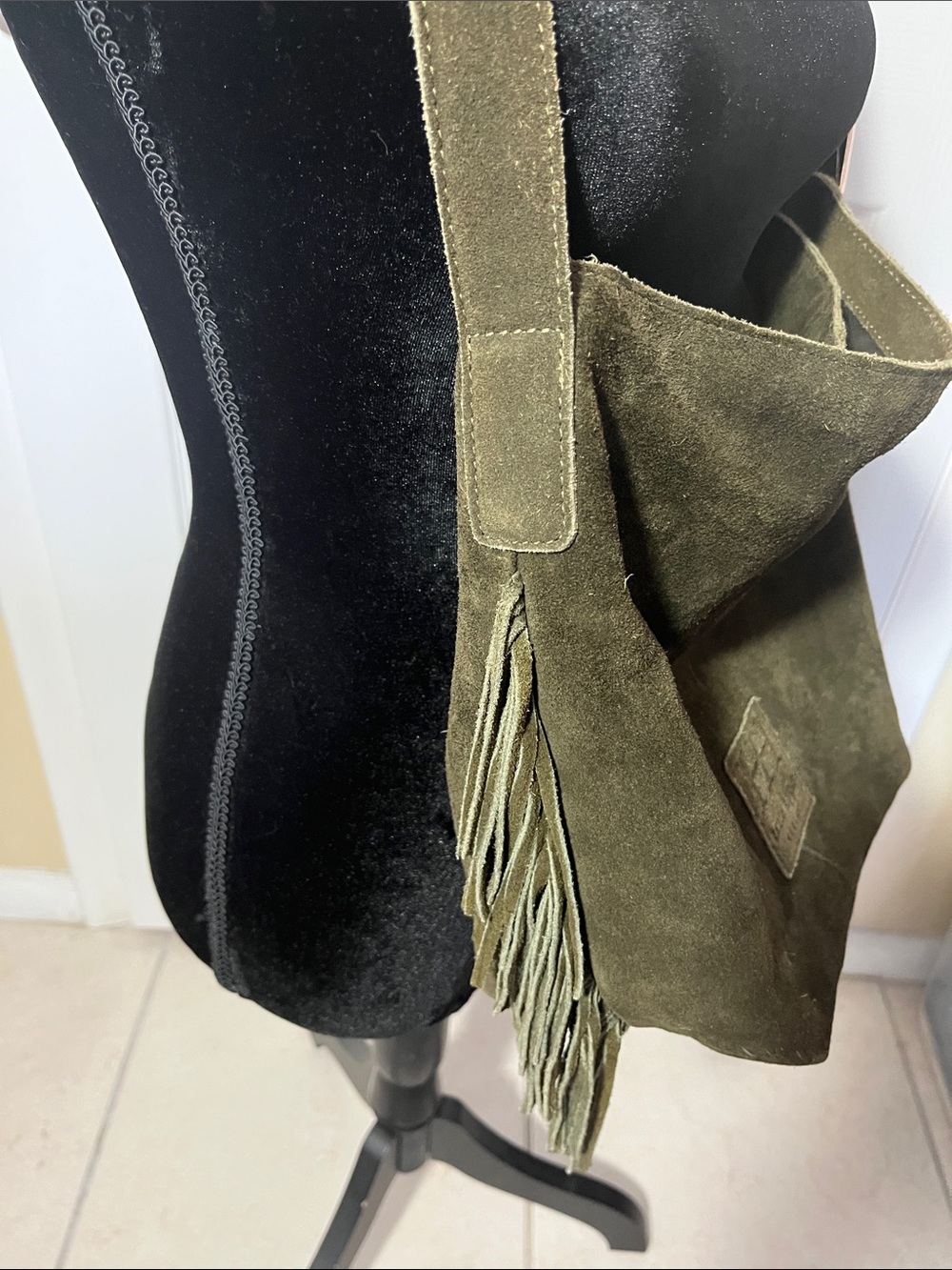 Haute Hippy suede leather bucket hobo purse bag fringe olivegreen shoulder strap - Picture 4 of 11